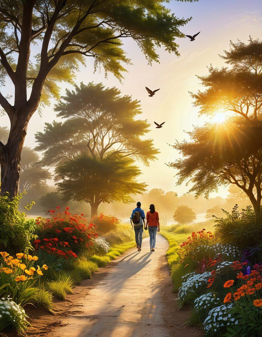 A serene landscape with a golden sunrise illuminating a peaceful pathway, symbolizing new beginnings. Incorporate a diverse group of newcomers joyfully walking together, exchanging smiles and stories, with birds soaring in the sky. The scene is filled with lush greenery and colorful flowers, creating an atmosphere of optimism and hope. Include soft, radiant light effects to enhance the feeling of bliss. super-realistic. vibrant colors. white background.