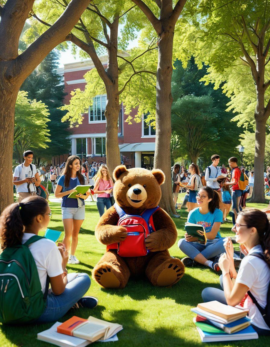 A vibrant college campus filled with enthusiastic students engaged in various activities, showcasing laughter, learning, and friendship. Sunlight filters through trees, illuminating a diverse group sharing joyful moments, surrounded by colorful books and backpacks. Add elements like a cheerful mascot, art supplies, and sports equipment to emphasize a lively atmosphere. super-realistic. vibrant colors. 3D.