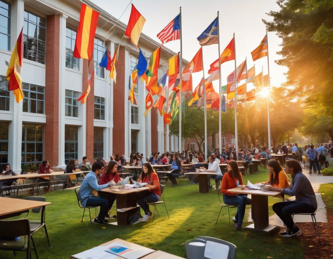 A vibrant college campus at sunrise, filled with enthusiastic students engaging in lively discussions, exchanging ideas, and forming new friendships. Incorporate diverse cultural elements with various national flags in the background, books, and coffee cups scattered around. Emphasize an atmosphere of excitement and inspiration, encapsulating the essence of a fresh start in education. super-realistic. vibrant colors. white background.